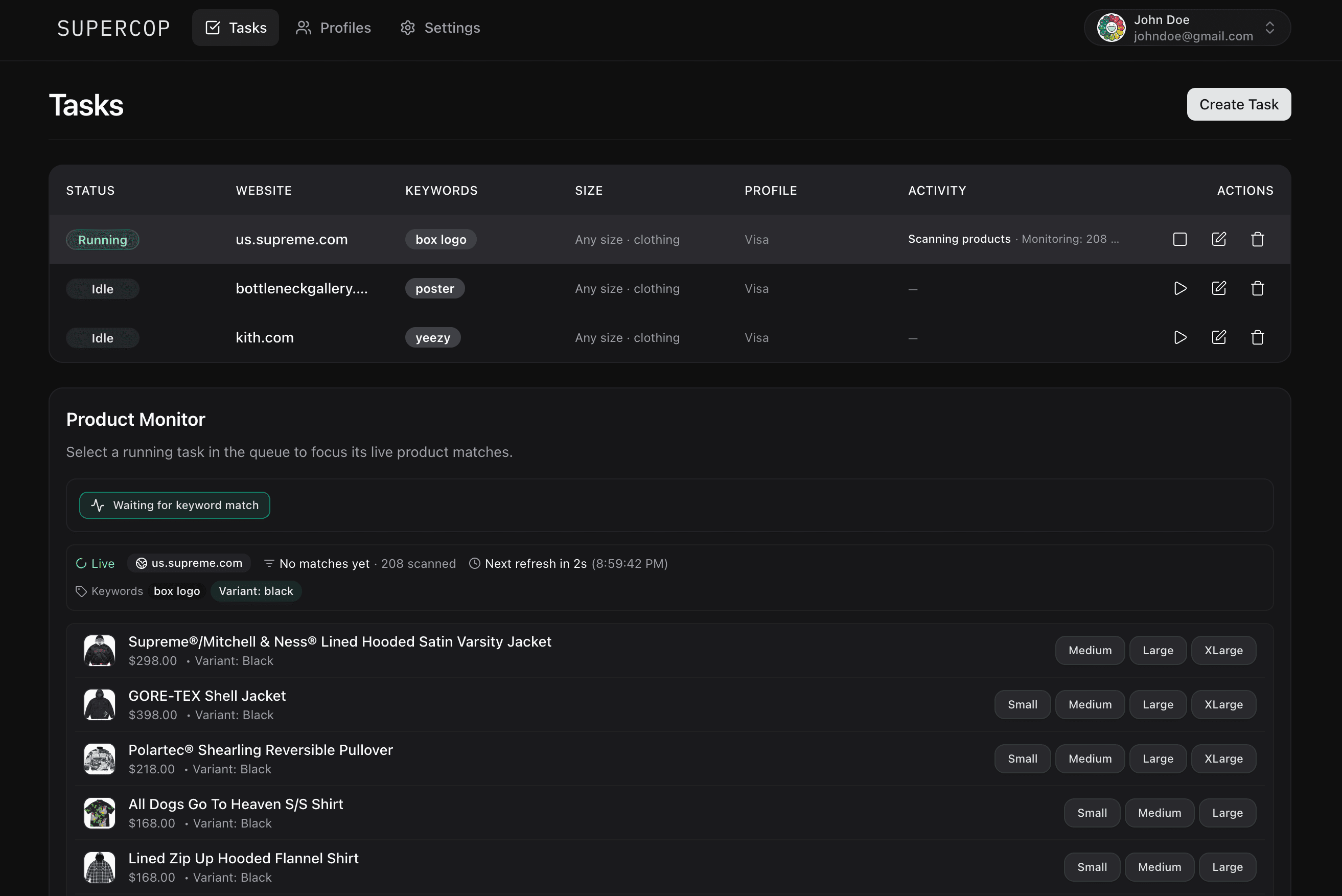 Supercop task dashboard and drop automation interface